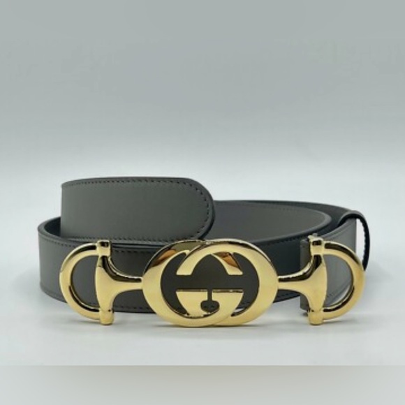 NEW Gucci Zumi Slim Gray Leather Belt with Gold Logo Buckle 550122 Size 70•28 - Picture 1 of 7